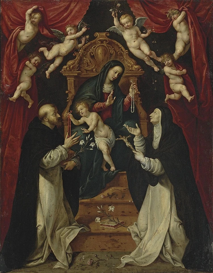 La Madonna in trono col Bambino e angeli donano i rosari ai Santi Domenico e Caterina da Siena